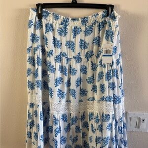 Michael Kors Blue and White Leaf Print Maxi Skirt